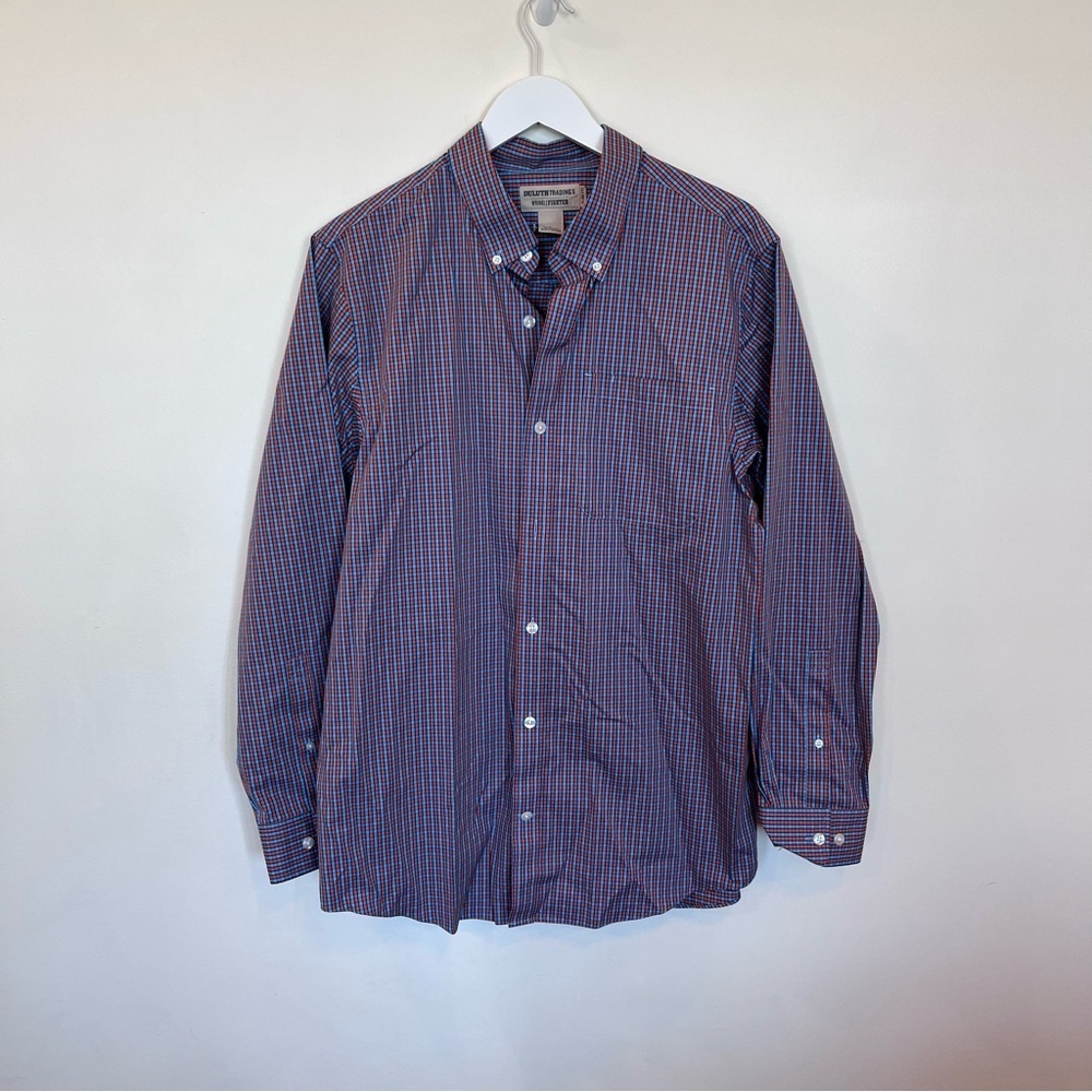 Duluth Trading Mens Large Orange Blue Button-up Business Wrinkle Fighter Slim